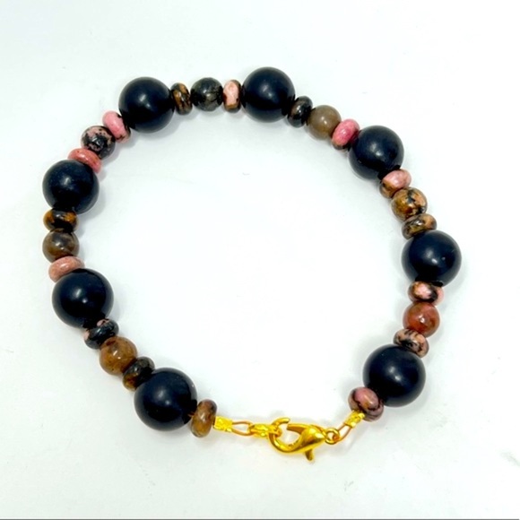 Rhodonite necklace with matte black jasper + bracelet - Picture 3 of 6